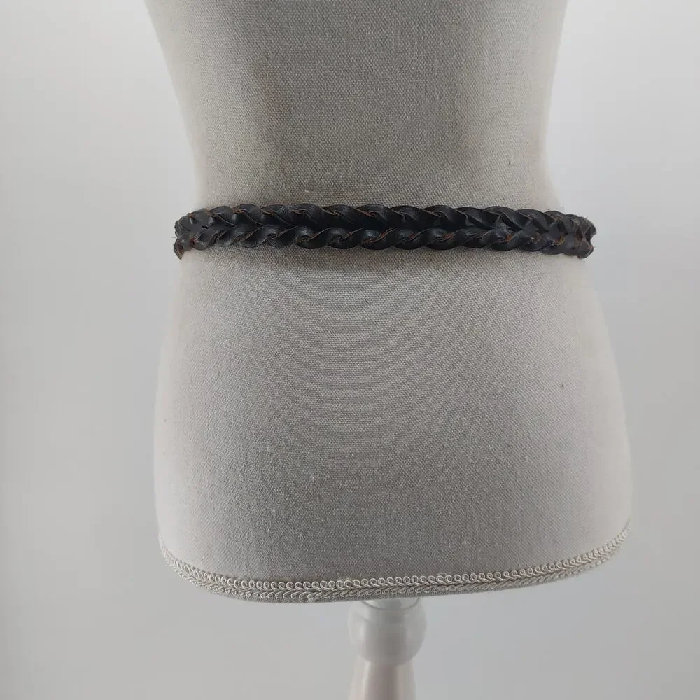 Brown Womens Sz M/L Leather Belt Braided Silver Tone Buckle